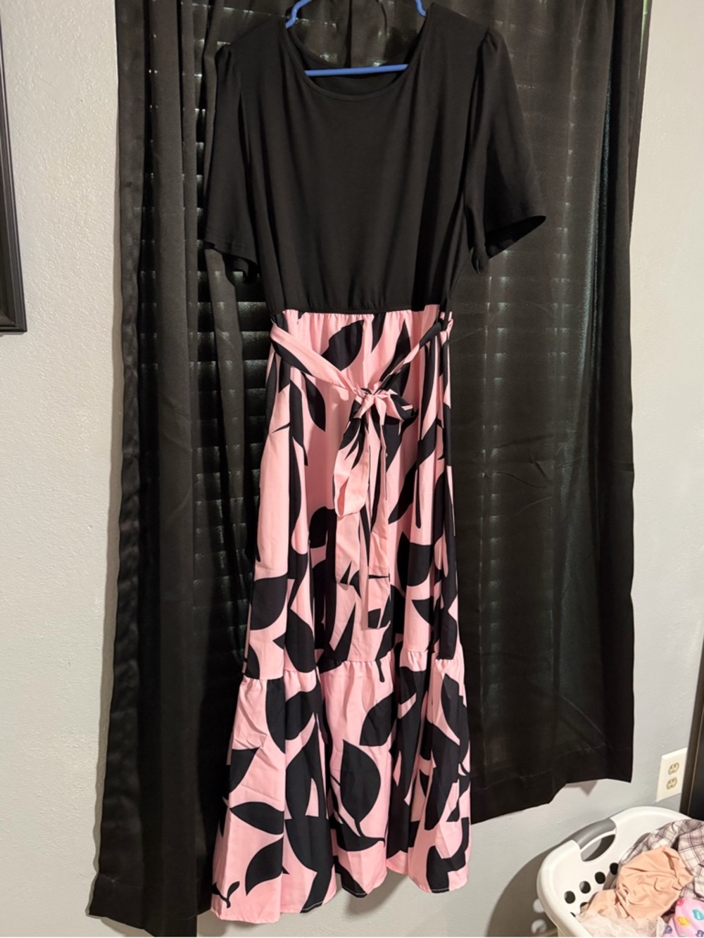 SHEIN Pink & Gray Abstract Print Dress with Black Trim